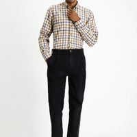 Light Beige Long Sleeve Regular Fit Plaid Sport Cotton Button-Down Shirt