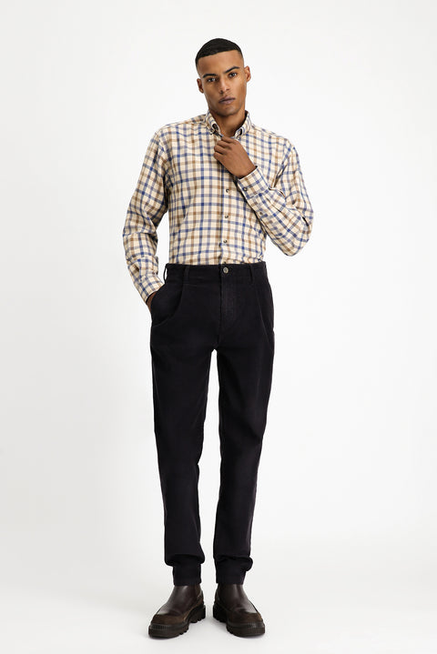Light Beige Long Sleeve Regular Fit Plaid Sport Cotton Button-Down Shirt