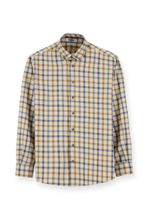 Light Beige Long Sleeve Regular Fit Plaid Sport Cotton Button-Down Shirt