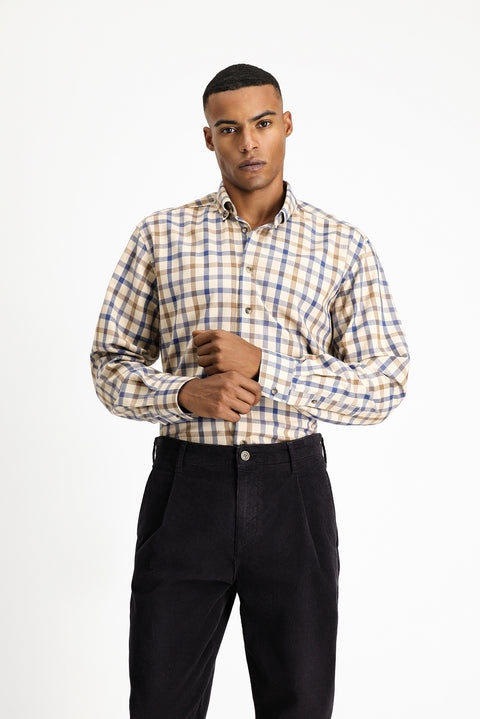 Light Beige Long Sleeve Regular Fit Plaid Sport Cotton Button-Down Shirt
