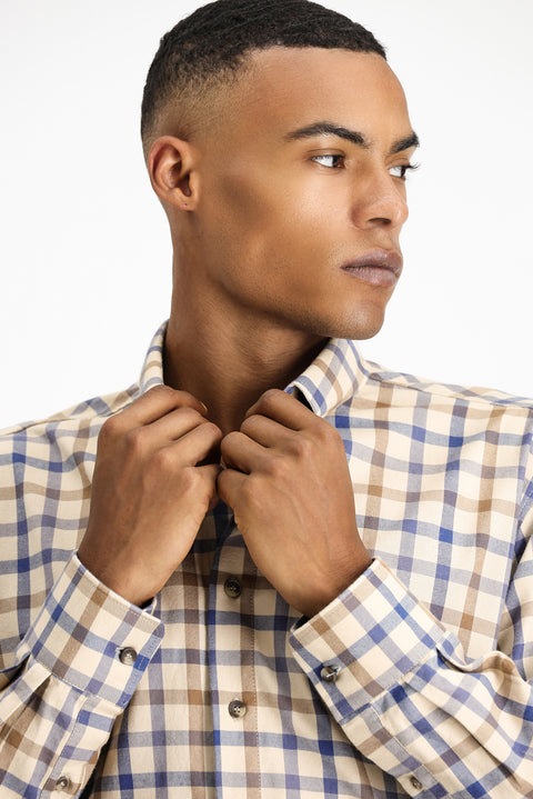 Light Beige Long Sleeve Regular Fit Plaid Sport Cotton Button-Down Shirt