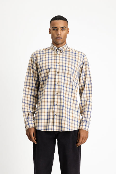 Light Beige Long Sleeve Regular Fit Plaid Sport Cotton Button-Down Shirt
