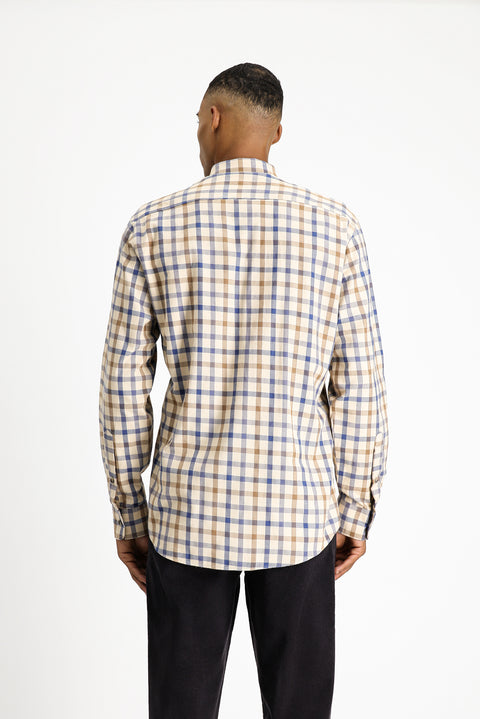Light Beige Long Sleeve Regular Fit Plaid Sport Cotton Button-Down Shirt