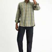Light Khaki Long Sleeve Regular Fit Plaid Sport Cotton Button-Down Shirt