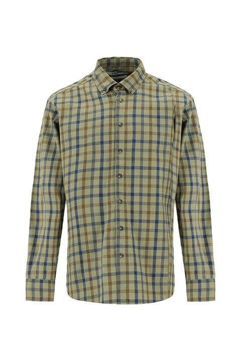 Light Khaki Long Sleeve Regular Fit Plaid Sport Cotton Button-Down Shirt