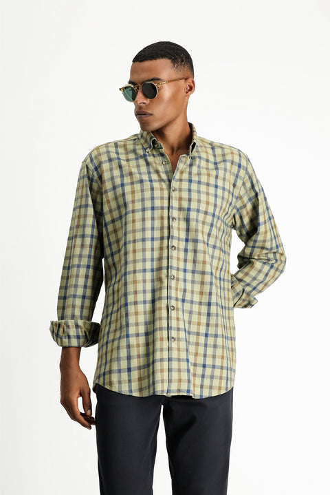 Light Khaki Long Sleeve Regular Fit Plaid Sport Cotton Button-Down Shirt