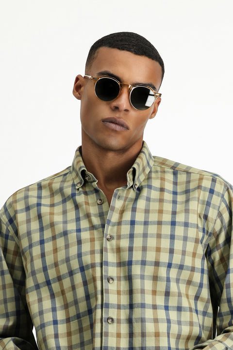 Light Khaki Long Sleeve Regular Fit Plaid Sport Cotton Button-Down Shirt