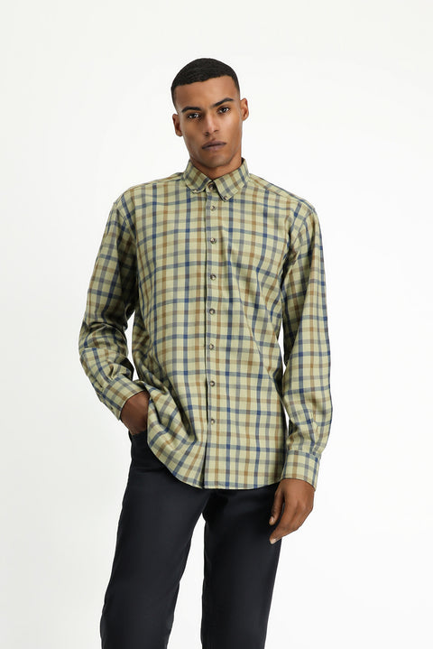 Light Khaki Long Sleeve Regular Fit Plaid Sport Cotton Button-Down Shirt