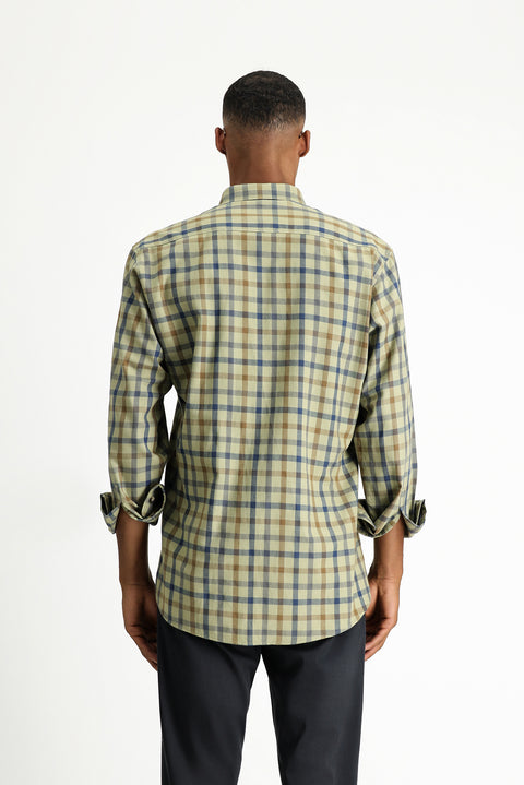 Light Khaki Long Sleeve Regular Fit Plaid Sport Cotton Button-Down Shirt