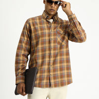 Light Brown Long Sleeve Regular Fit Plaid Sport Cotton Button-Down Shirt