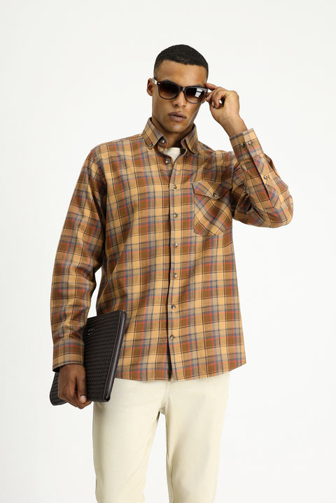 Light Brown Long Sleeve Regular Fit Plaid Sport Cotton Button-Down Shirt