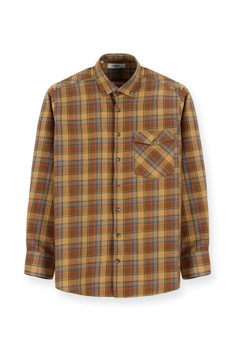 Light Brown Long Sleeve Regular Fit Plaid Sport Cotton Button-Down Shirt