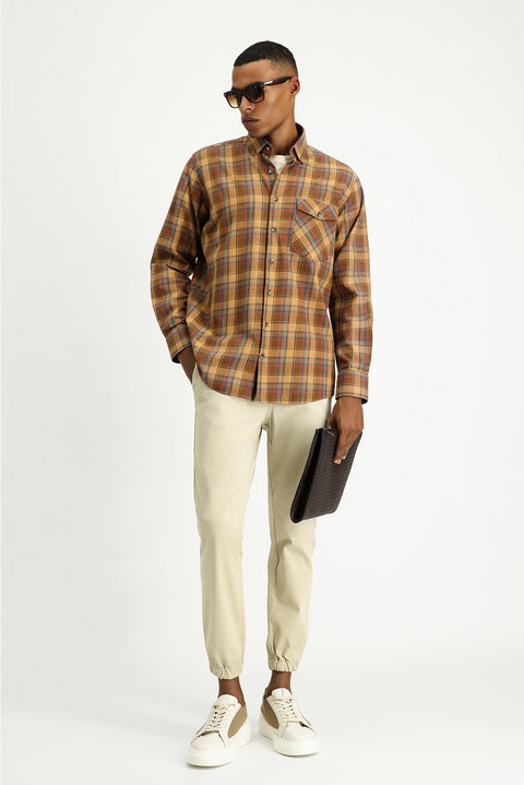 Light Brown Long Sleeve Regular Fit Plaid Sport Cotton Button-Down Shirt