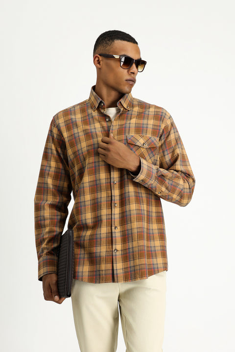 Light Brown Long Sleeve Regular Fit Plaid Sport Cotton Button-Down Shirt