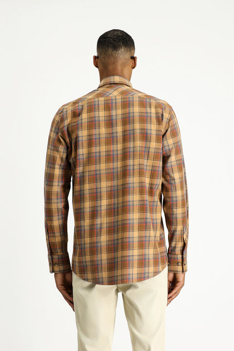 Light Brown Long Sleeve Regular Fit Plaid Sport Cotton Button-Down Shirt