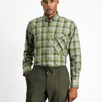 Light Khaki Long Sleeve Regular Fit Plaid Sport Cotton Button-Down Shirt