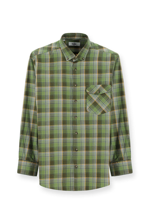 Light Khaki Long Sleeve Regular Fit Plaid Sport Cotton Button-Down Shirt
