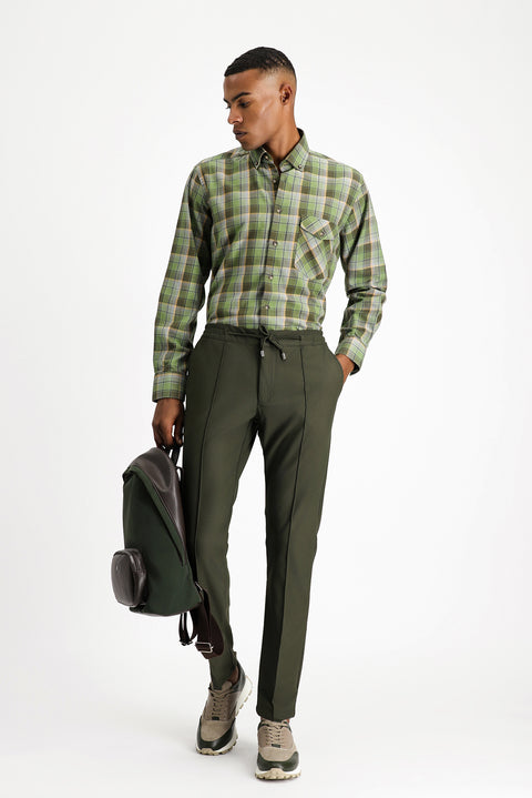 Light Khaki Long Sleeve Regular Fit Plaid Sport Cotton Button-Down Shirt