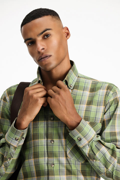 Light Khaki Long Sleeve Regular Fit Plaid Sport Cotton Button-Down Shirt