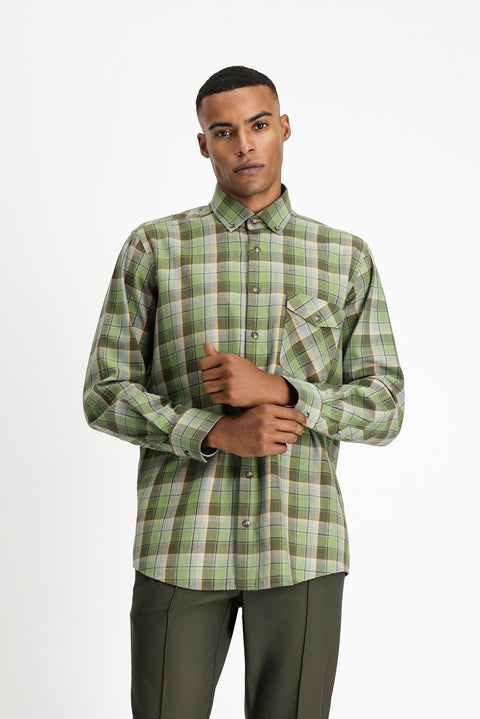 Light Khaki Long Sleeve Regular Fit Plaid Sport Cotton Button-Down Shirt