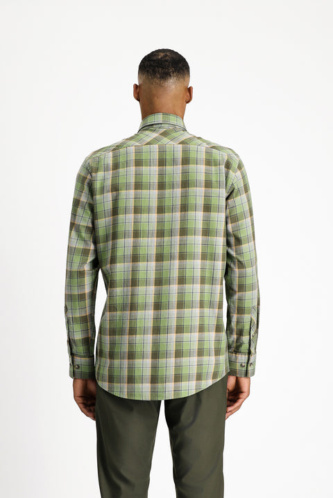 Light Khaki Long Sleeve Regular Fit Plaid Sport Cotton Button-Down Shirt