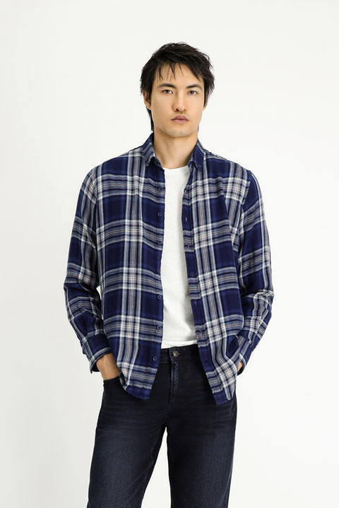 Indigo Long Sleeve Regular Fit Plaid Sport Cotton Button-Down Shirt