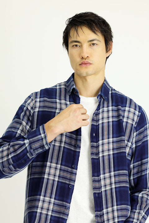 Indigo Long Sleeve Regular Fit Plaid Sport Cotton Button-Down Shirt