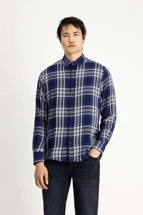 Indigo Long Sleeve Regular Fit Plaid Sport Cotton Button-Down Shirt