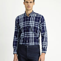 Dark Navy Long Sleeve Regular Fit Plaid Sport Button-Down Collar Cotton Shirt