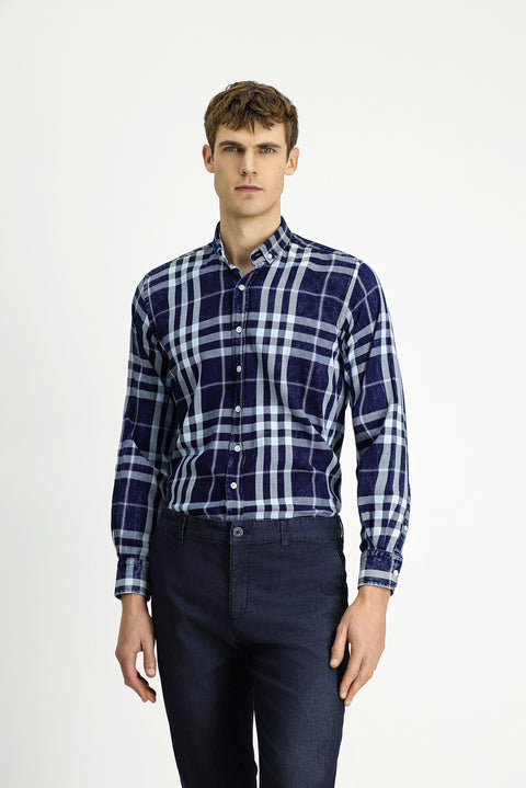 Dark Navy Long Sleeve Regular Fit Plaid Sport Button-Down Collar Cotton Shirt