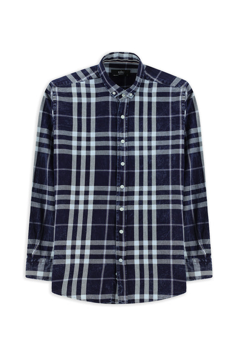 Dark Navy Long Sleeve Regular Fit Plaid Sport Button-Down Collar Cotton Shirt