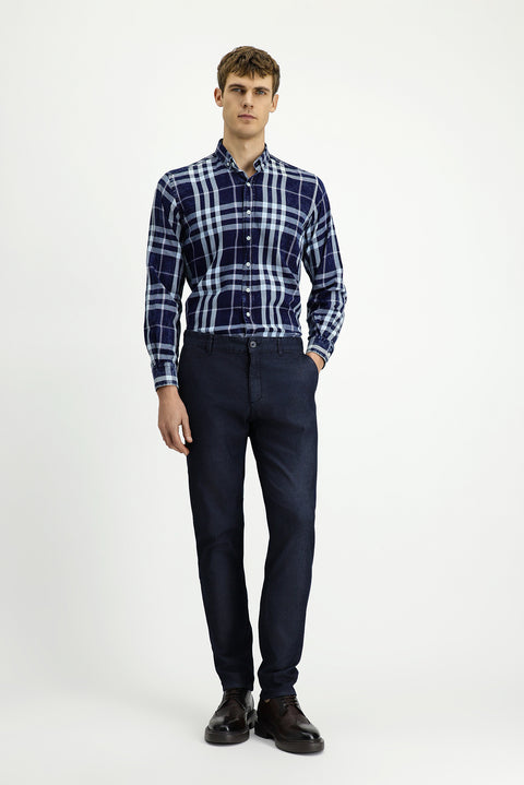 Dark Navy Long Sleeve Regular Fit Plaid Sport Button-Down Collar Cotton Shirt