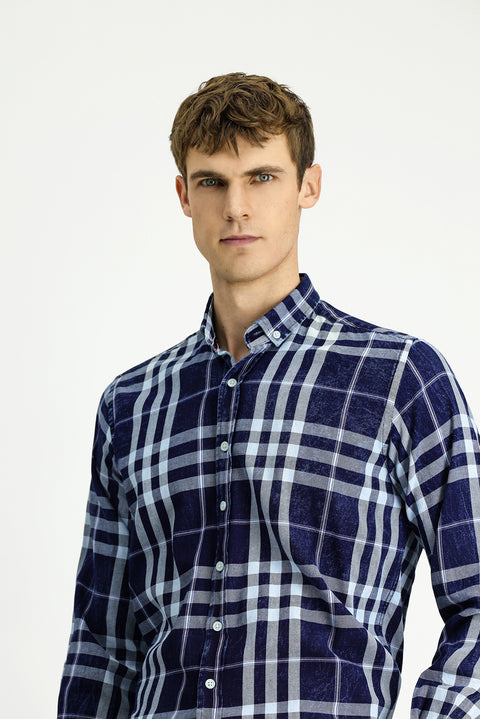 Dark Navy Long Sleeve Regular Fit Plaid Sport Button-Down Collar Cotton Shirt