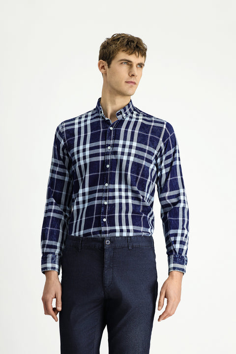 Dark Navy Long Sleeve Regular Fit Plaid Sport Button-Down Collar Cotton Shirt