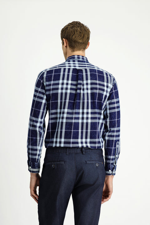 Dark Navy Long Sleeve Regular Fit Plaid Sport Button-Down Collar Cotton Shirt