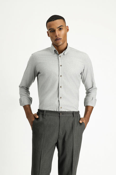 Light Grey Long Sleeve Slim Fit Narrow Cut Lumberjack Sport Cotton Button-Down Collar Shirt