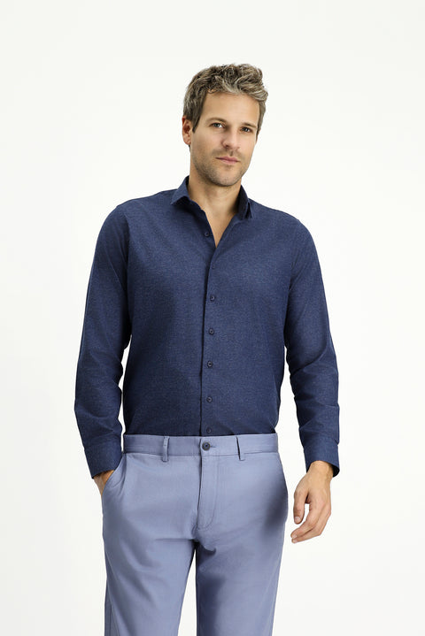 Dark Navy Long Sleeve Slim Fit Narrow Cut Lumberjack Sport Cotton Button-Down Collar Shirt