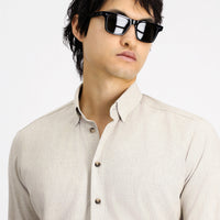 Light Beige Long Sleeve Slim Fit Narrow Cut Lumberjack Sport Cotton Button-Down Collar Shirt