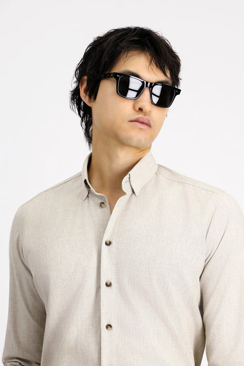 Light Beige Long Sleeve Slim Fit Narrow Cut Lumberjack Sport Cotton Button-Down Collar Shirt