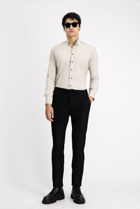 Light Beige Long Sleeve Slim Fit Narrow Cut Lumberjack Sport Cotton Button-Down Collar Shirt