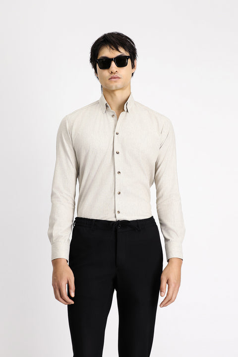 Light Beige Long Sleeve Slim Fit Narrow Cut Lumberjack Sport Cotton Button-Down Collar Shirt