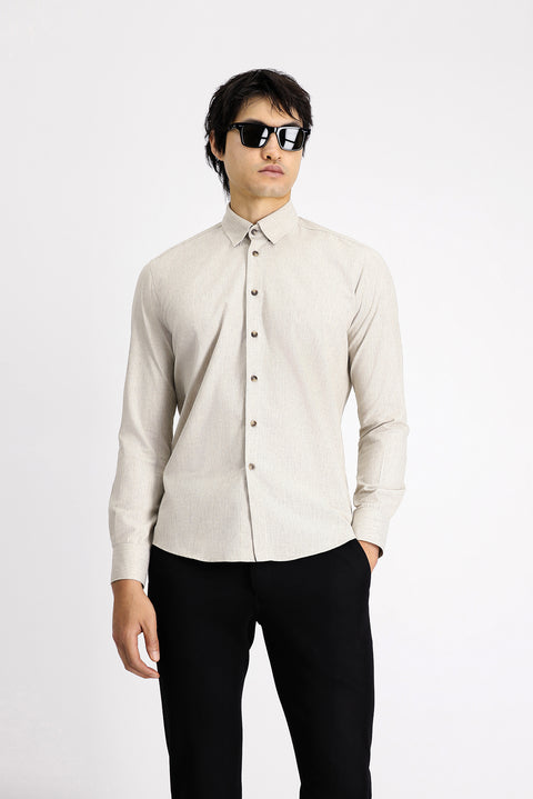 Light Beige Long Sleeve Slim Fit Narrow Cut Lumberjack Sport Cotton Button-Down Collar Shirt