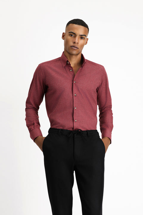 Light Burgundy Long Sleeve Slim Fit Narrow Cut Lumberjack Sport Cotton Button-Down Collar Shirt