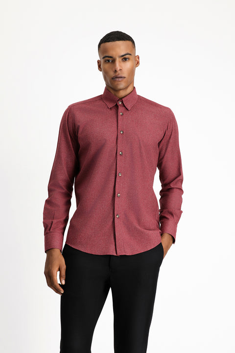 Light Burgundy Long Sleeve Slim Fit Narrow Cut Lumberjack Sport Cotton Button-Down Collar Shirt