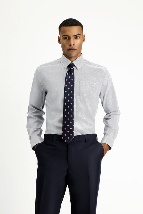 Medium Navy Long Sleeve Regular Fit Patterned Cotton Shirt