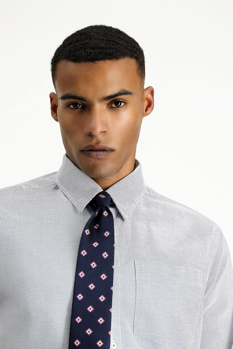 Medium Navy Long Sleeve Regular Fit Patterned Cotton Shirt