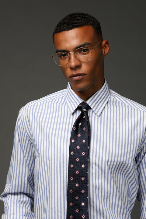 Light Navy Long Sleeve Regular Fit Striped Cotton Shirt