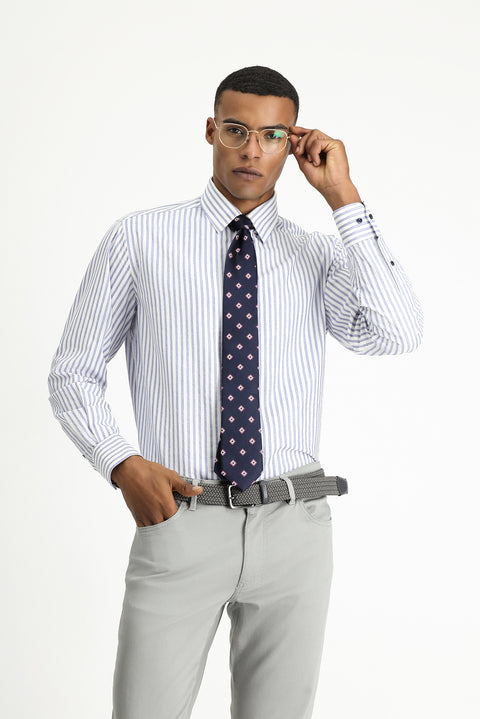 Light Navy Long Sleeve Regular Fit Striped Cotton Shirt