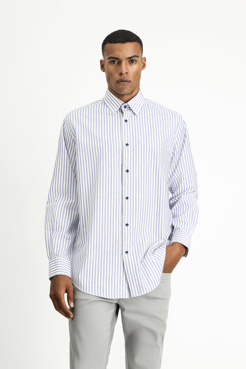 Light Navy Long Sleeve Regular Fit Striped Cotton Shirt