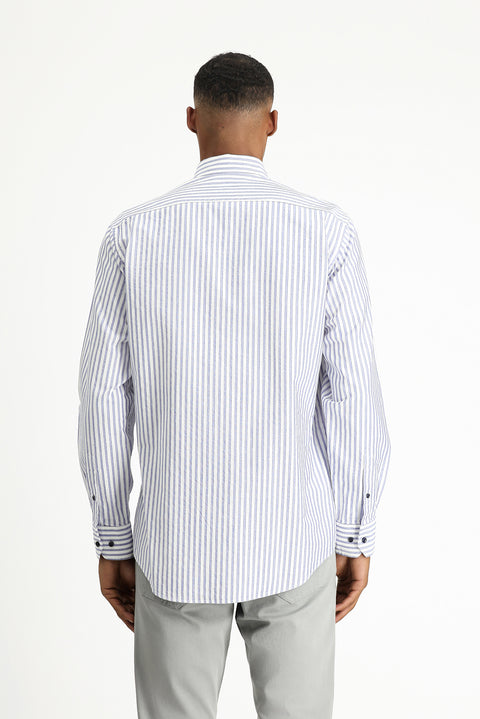 Light Navy Long Sleeve Regular Fit Striped Cotton Shirt